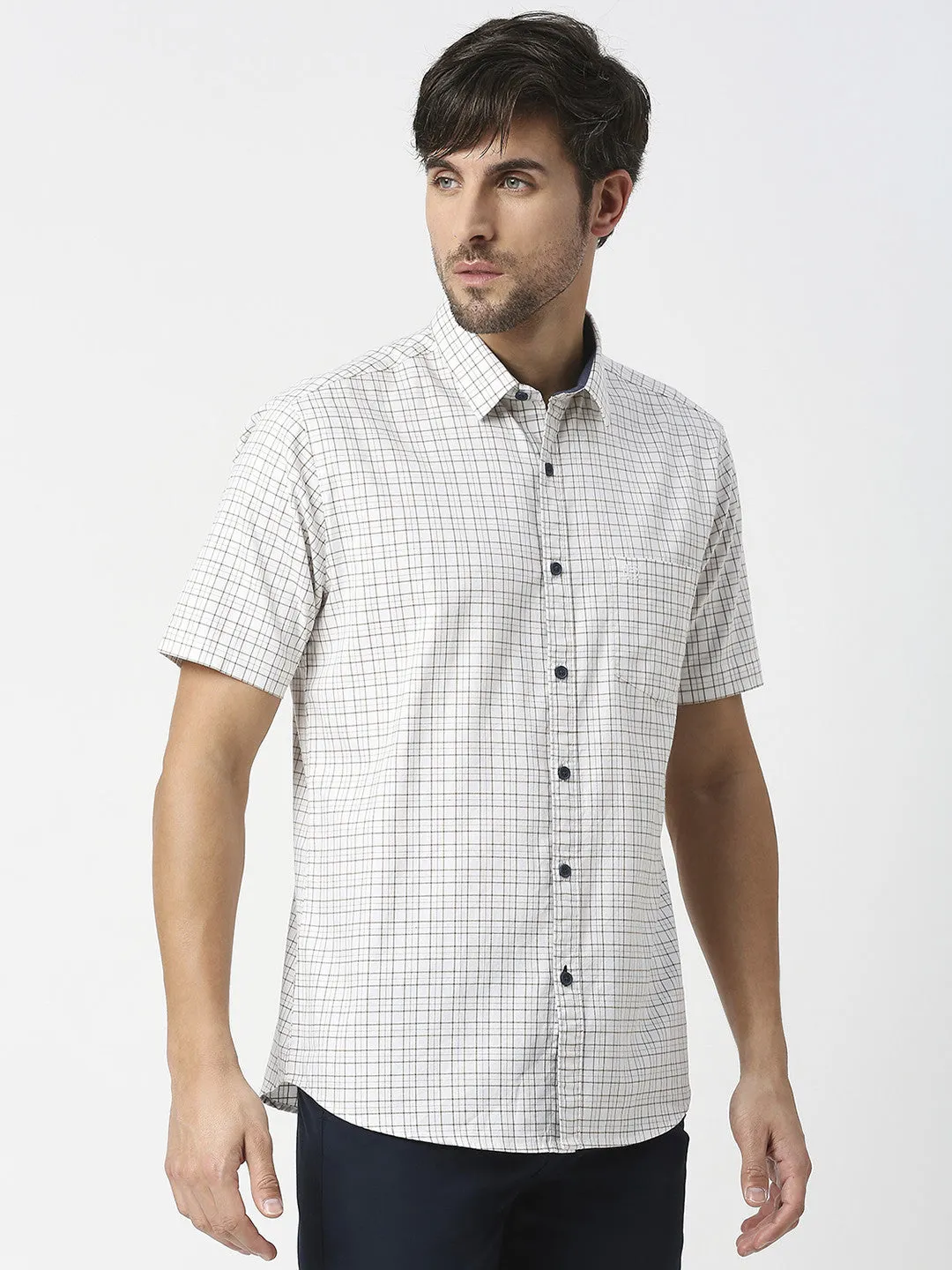 White Half Sleeves Twill Checked Shirt With Pocket