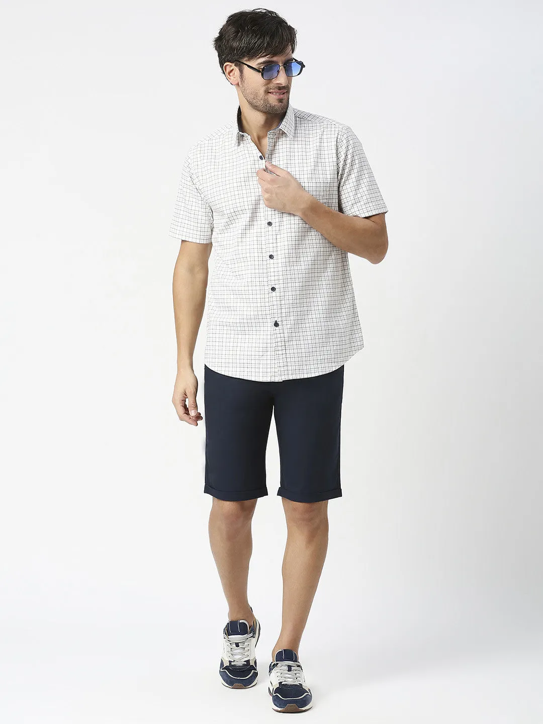White Half Sleeves Twill Checked Shirt With Pocket