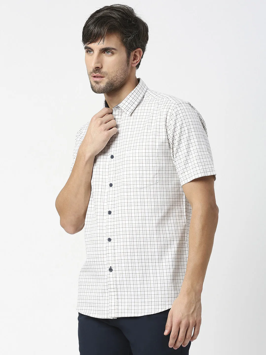 White Half Sleeves Twill Checked Shirt With Pocket
