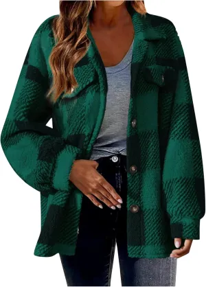 Womens Plaid Shacket Jacket Oversized Jackets Fleece Button Cardigan Trendy Plaid Outwear Warm Coat Outfits Clothes